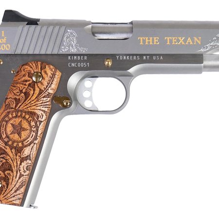 Cnc Firearms CNCTEX1911 Kimber 1911 Texan 45 ACP 7+1 5" Stainless Steel Barrel, Stainless Engraved "The Texan"/Serrated Steel Slide, Stainless Steel Frame, Texas Mesquite Grip