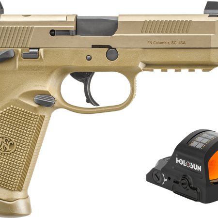FN 66102270 FNX w/Optic 45 ACP 15+1 5.30" Black Steel Threaded Barrel, Flat Dark Earth Optic Ready/Serrated Stainless Steel Slide & Polymer Frame w/Picatinny Rail, Holosun 407C Red Dot, Ambidextrous