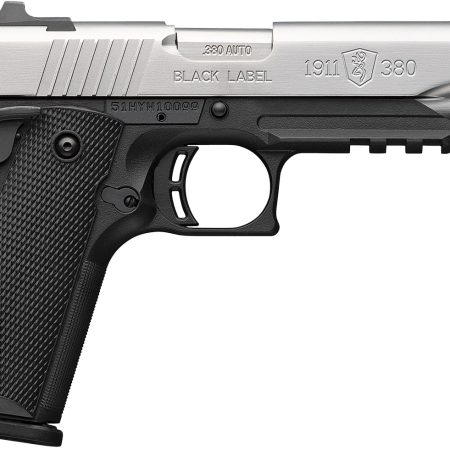 Browning 051120492 1911-380  Full Size Frame 380 ACP 8+1 4.25" Stainless Steel Barrel, Satin Stainless Serrated Slide, Matte Black Aluminum Frame w/Picatinny Rail, Black Polymer Grip