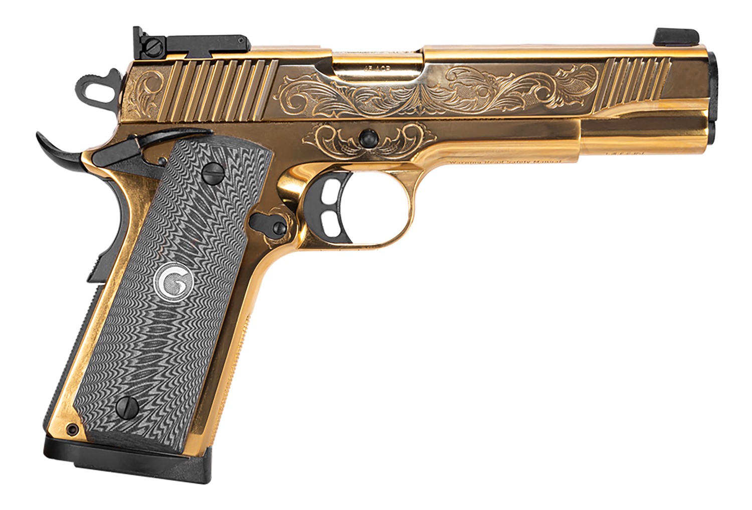 Girsan 390093 MC1911 S Lux 45 ACP 8+1 5" Gold Plated PVD Steel Barrel, Gold Finish Engraved Serrated w/Engraving Steel Slide, Gold Plated Steel Frame, Black G10 Grip