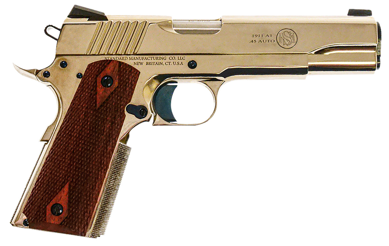 Standard Mfg 1911 Standard Full Size Frame 45 ACP 7+1 5" Stainless Match Grade Barrel, Nickel Steel Serrated Slide, Nickel Steel Frame w/Beavertail, Walnut Double Diamond Grip