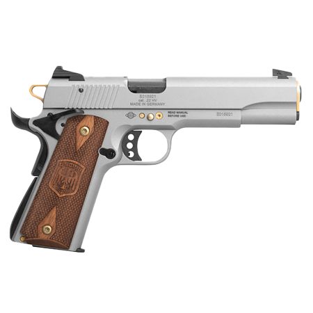 ATI GSG2210M1911AN15 GSG 1911 15 Year Anniversary Edition Full Size Frame 22 LR 10+1 5" Black Threaded Barrel, Frost Gray Serrated Slide, Frost Gray w/Gold Accents Zinc Alloy Frame, Light Wood Grip
