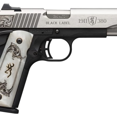 Browning 051966492 1911 Black Label Medallion Full Size Frame 380 ACP 8+1 4.25" Matte Stainless Steel Barrel & Serrated Slide, Matte Black Polymer Frame w/Beavertail, White Imitation Pearl Grip