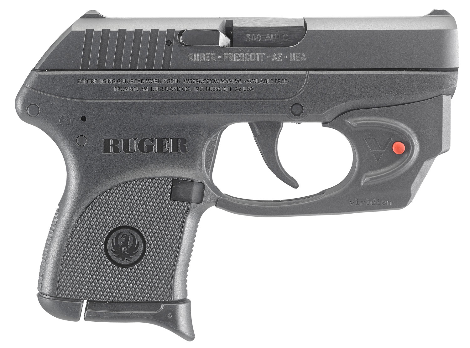 Ruger 3752 LCP w/Laser 380 ACP 6+1 2.75" Black Steel Barrel, Black Oxide Serrated Steel Slide, Black Polymer Frame, Black Polymer Grip, Viridian E-Series Red Laser