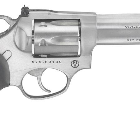 Ruger 5773 SP101  Small Frame 327 Federal Mag 6rd, 4.20" Satin Stainless Steel Barrel, Cylinder & Frame, Black Rubber w/Wood Insert Grip, Exposed Hammer, Transfer Bar Safety