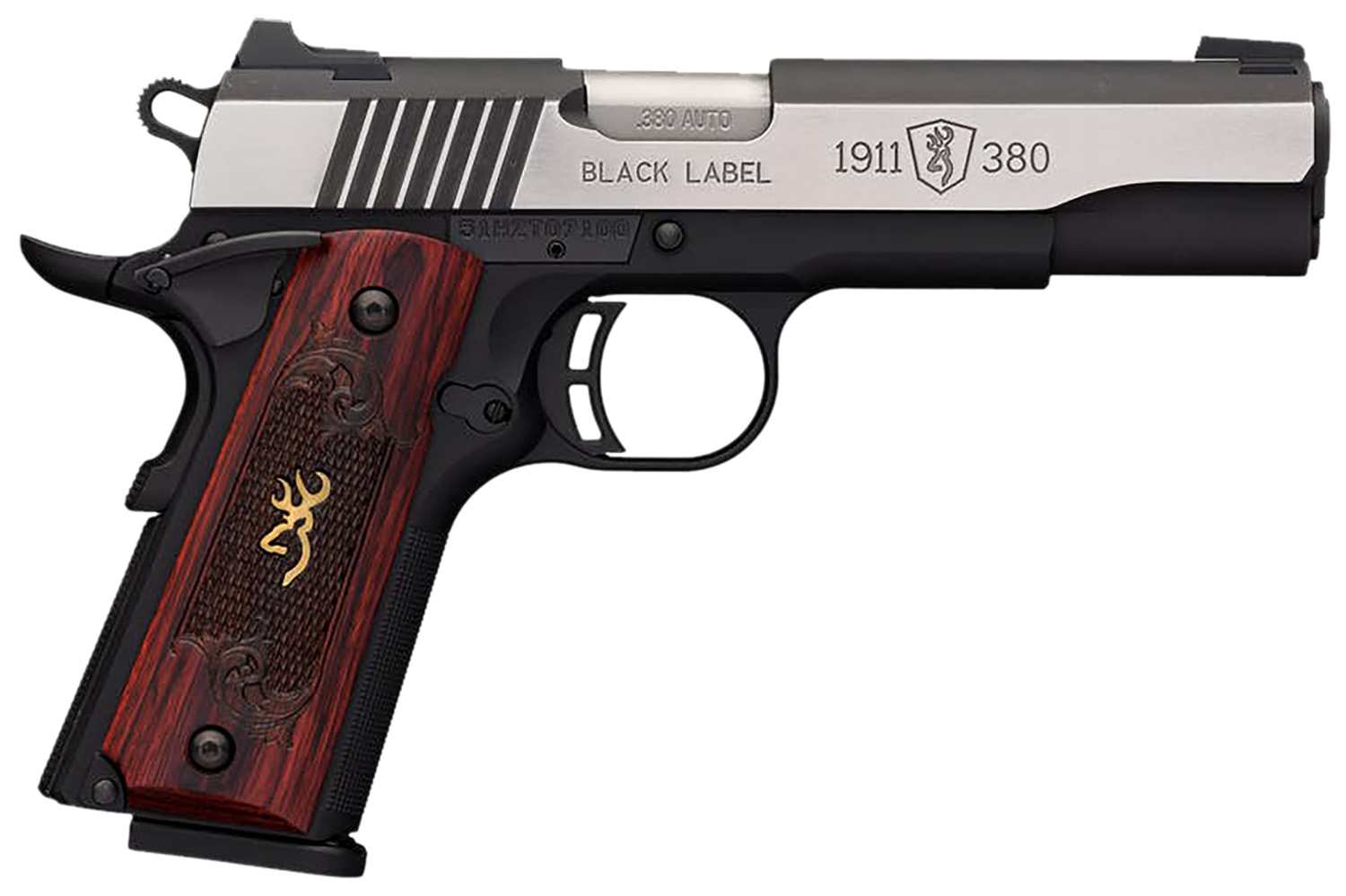 Browning 051914492 1911-380 Black Label Medallion Pro 380 ACP 8+1 4.25" Target Crown Barrel, Blackened w/Silver Polished Flats Serrated SS Slide, Matte Black Polymer Frame w/Beavertail