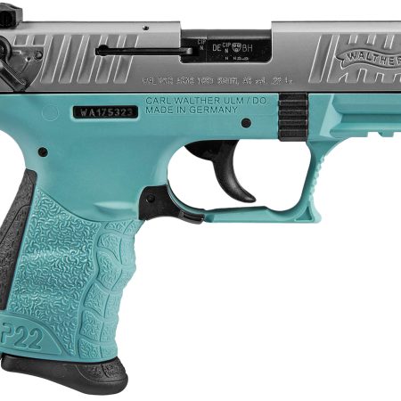 Walther Arms 5120362 P22 *CA Compliant 22 LR 10+1 3.42" Stainless Steel Serrated/Steel Slide, Angel Blue Polymer Frame w/Picatinny Rail, Black Interchangeable Backstrap Grips