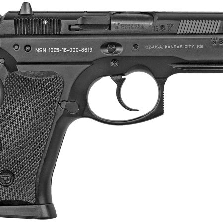 CZ-USA 01199 P-01 Compact Compact Frame 9mm Luger 10+1, 3.75" Blued Steel Barrel, Black Serrated Steel Slide, Black Polycoat Aluminum Frame w/Beavertail, Black Rubber Grip