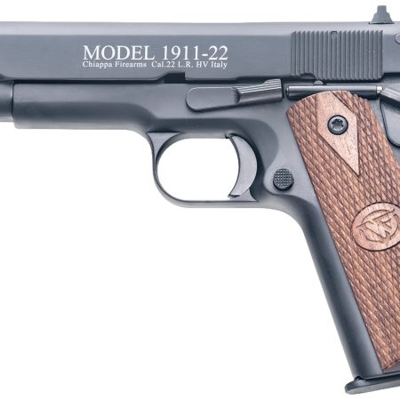 Chiappa Firearms 401038 1911-22  22 LR 10+1, 5" Black Steel Barrel, Blued Serrated Slide, Blued Aluminum Frame w/Beavertail, Stippled Walnut Grip, Manual Thumb Safety, Right Hand