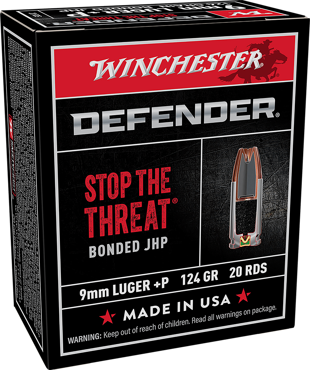 Winchester Ammo S9MMPDB Defender 9mmLuger+P 124gr Bonded Jacket Hollow Point 20 Per Box/10 Case