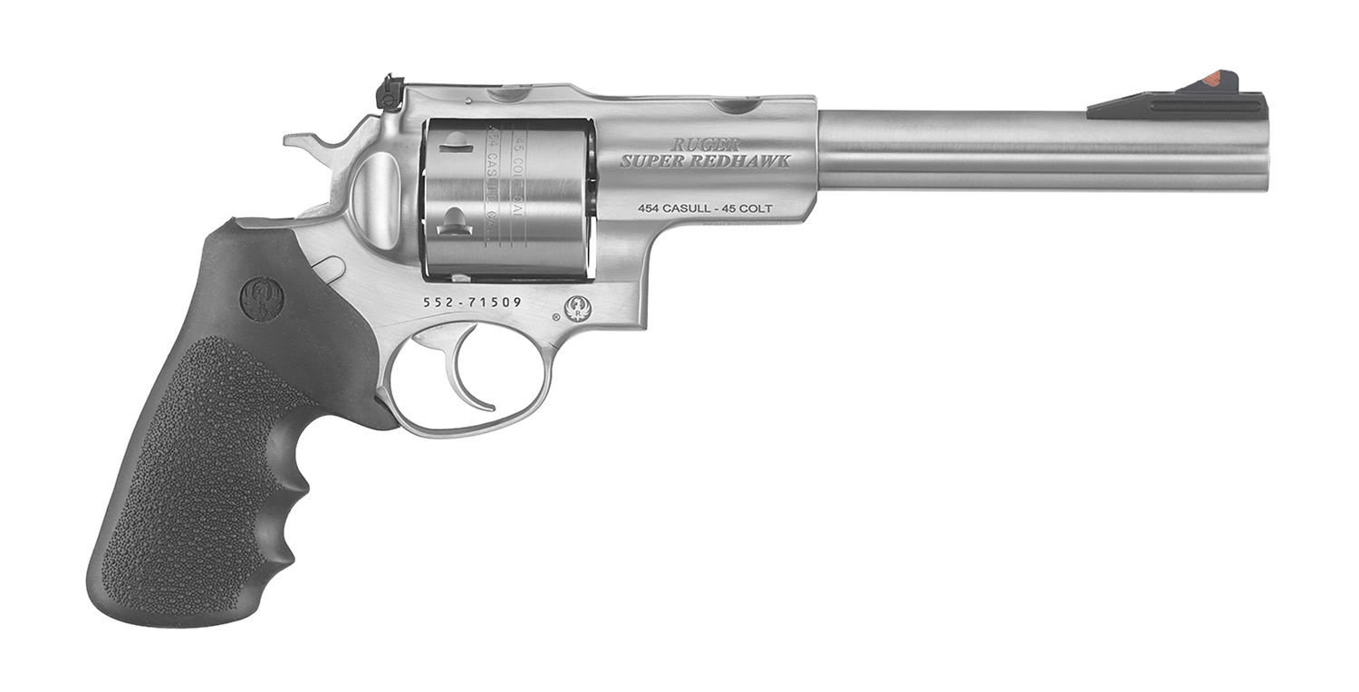 Ruger 5505 Super Redhawk Large Frame 454 Casull 6rd 7.50" Satin Stainless w/Integral Mount Barrel, Satin Stainless Cylinder & Frame, Black Hogue Finger Groove Tamer Monogrip, Transfer Bar Safety
