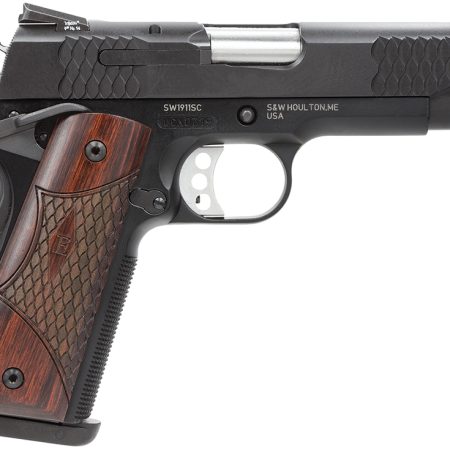 Smith & Wesson 108483 1911 E-Series 45 ACP 7+1/8+1, 4.25" Stainless Steel Barrel, Black Serrated Stainless Steel Slide, Black Aluminum Frame w/Beavertail, Round Butt Laminate Wood Grip