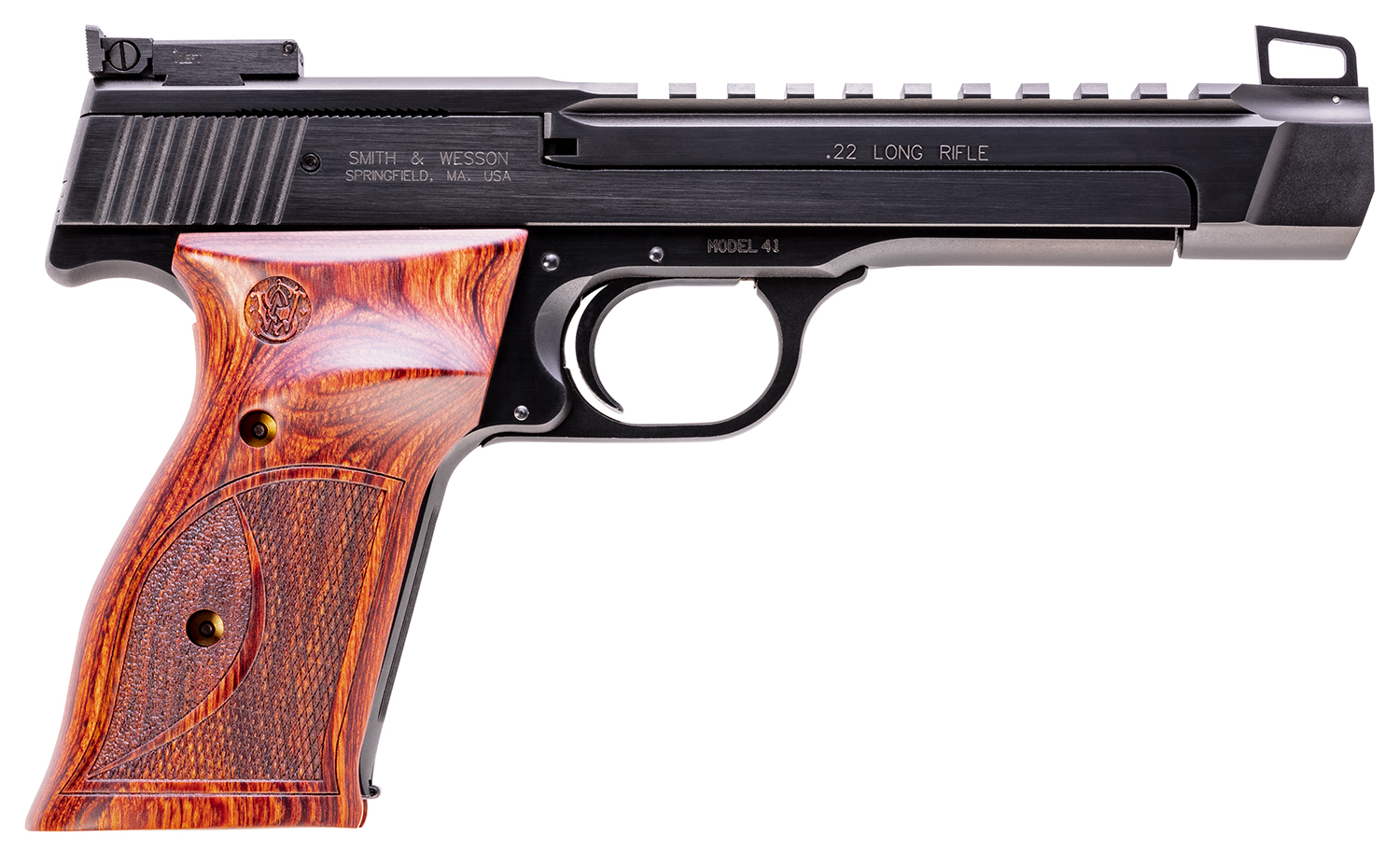 Smith & Wesson 178031 41 Performance Center Full Size Frame 22 LR 10+1, 5.50" Blued Button Rifled/Picatinny Rail Barrel, Blued Serrated Slide & Frame, Custom Wood Target Grip, Thumb Safety