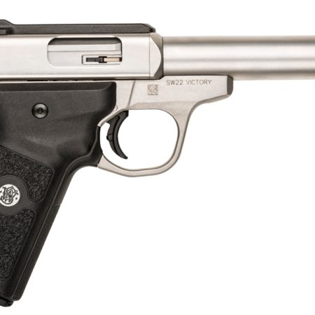 Smith & Wesson 108490 SW22 Victory Full Size Frame 22 LR 10+1, 5.50" Silver Match Grade Barrel, Satin Serrated Slide & Frame, Black Textured Grip, Thumb Safety
