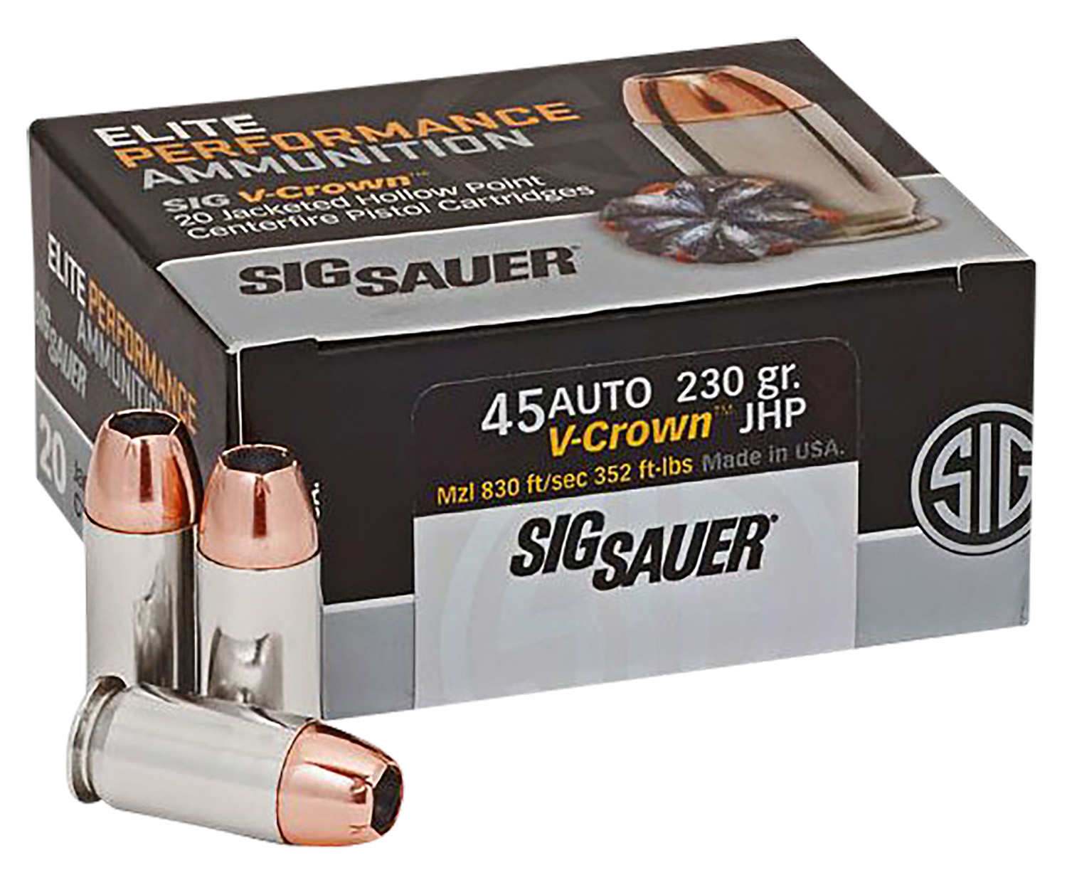 Sig Sauer E45AP220 Elite Performance 45ACP 230gr V-Crown Jacketed Hollow Point 20 Per Box/10 Case