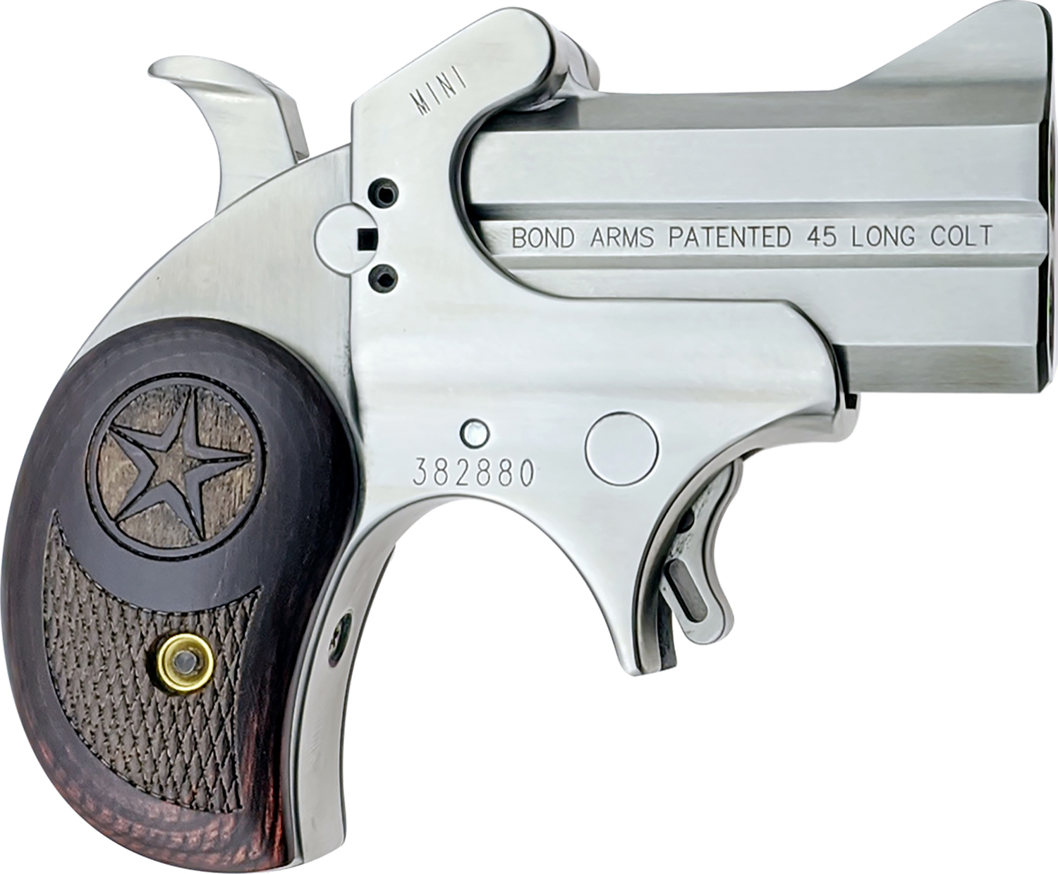 Bond Arms BAM Mini Original 45 Colt (LC) 2rd 2.50" Stainless Steel Double Barrel & Frame, Auto Extractor & Rebounding Hammer, Blade Front/Fixed Rear Sights, Rosewood Grips, Manual Safety